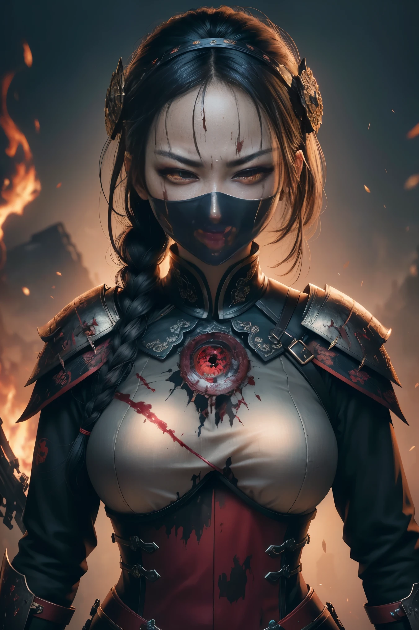 Photorealistic, ultra HD, graphics, best quality, realistic, CGI, 4k, masterpiece, best quality, high resolution, highly detailed, super detailed, 8k wallpaper, unified, amazing, fine details, wallpaper highly detailed 8k CG uniform screen, illustration, Asian woman, secret, iron mask, holding blood sword, (((eyes filled with murderous intent), masked,