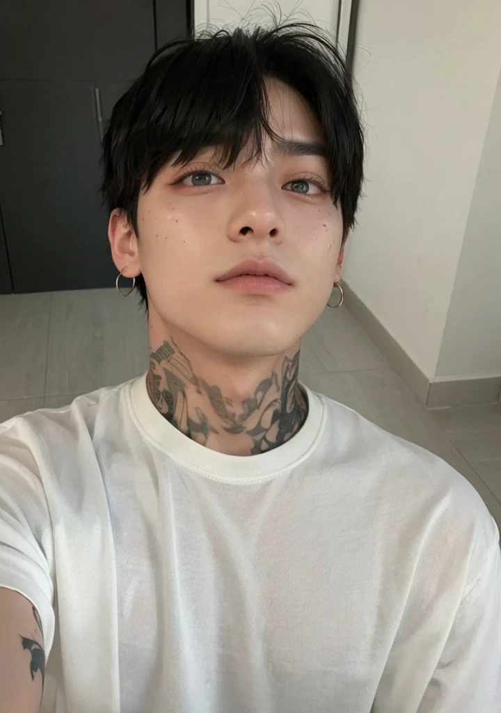 Asian man with a tattoo on his neck and neck., jungkook de bts, jeon jungkook con los ojos azules, a thin-faced man, jungkook, foto de perfil en la cabeza, con tatuaje facial, hombre surcoreano, jeon jungkook pale and piercings, pale man with freckles, ojos azules detallados y medianamente achinados, jungkook de bts, cara detallada