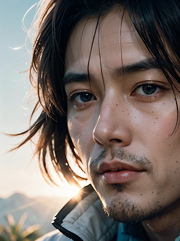 close up portrait of a Hayato Suo from wind breaker aime, realistic, masterpiece, highest quality, lens flare, shade, bloom, [[chromatic aberration]], by Jeremy Lipking, by Antonio J. Manzanedo, digital painting,