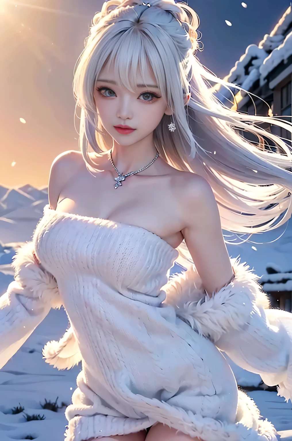 (Close-up image)((masterpiece:1.5、8k、Tabletop、Photorealistic and very detailed CG、Very detailed、Particle Effects、Dynamic Effects、Written boundary depth、Cinematic Light、Lens flare、Ray Tracing、Tabletop、Realistic:1.4、超A high resolution))((alone、cutegirl,A woman wearing a fur coat over an off-the-shoulder knit sweater:1.4、No sleeve、Exposing shoulders、Elegant woman posing:、Detailed face、brightexpression、young, bright, Whiter skin、medium beauty breasts、Best Looks、Ultimate beauty、White hair with shiny highlights、Bright and shiny straight hair、Hair dancing in the wind))(morning、The setting is outdoors in the snow、Snowflakes flutter)