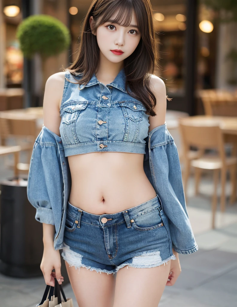 girl, masterpiece, best quality, illustration, Extremely detailed, Fine details, High resolution, 8k wallpaper, Perfect dynamic composition, Beautiful and delicate eyes, Natural lip shape, pretty girl outfit, belly button, Denim shorts as, shopping center