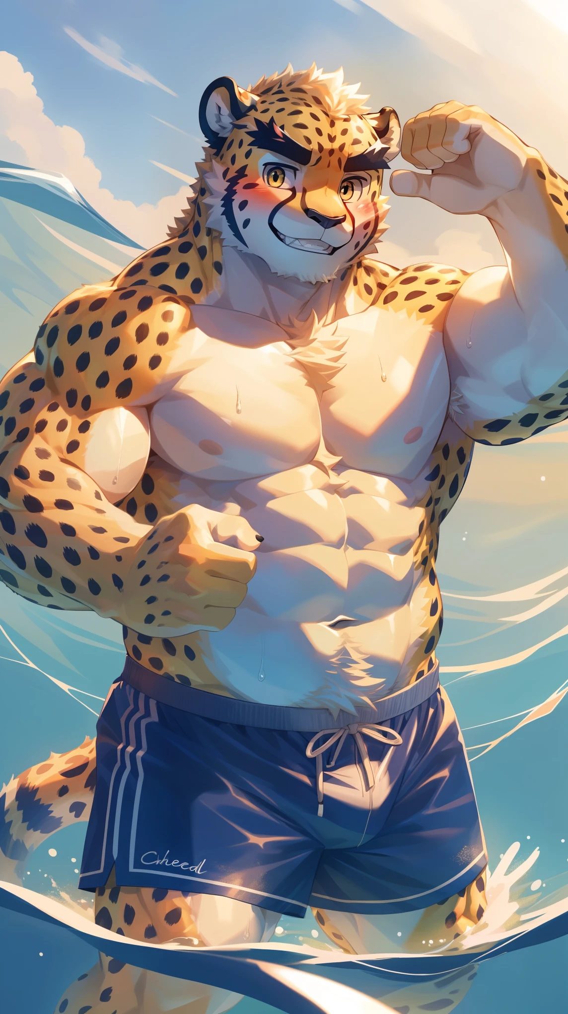 Solitary, anthropology, hairy, male, Cheetah, ((fluffy fur, hairy body)), (Cheetah印), (Thick eyebrows), youth, muscular, White skin, White big muscle, Golden pupils, de-tailed teeth, defaced face, Fundos, swimmer, White swimming trunks, pink tit clusters, Dipping in the lake, Small bump, One hand raised to touch the head, (sideways:1.5), Shy expression, A faint smile, blush, Clear facial features, Strong, Sweat, majestic, solitary, Full body image, Fog atmosphere, early morning, Tyndall rays, duckweed, Small fish, (From cheetah20, masterpiece, high quality, high resolution,8k), permanent, Bust, (Vision)