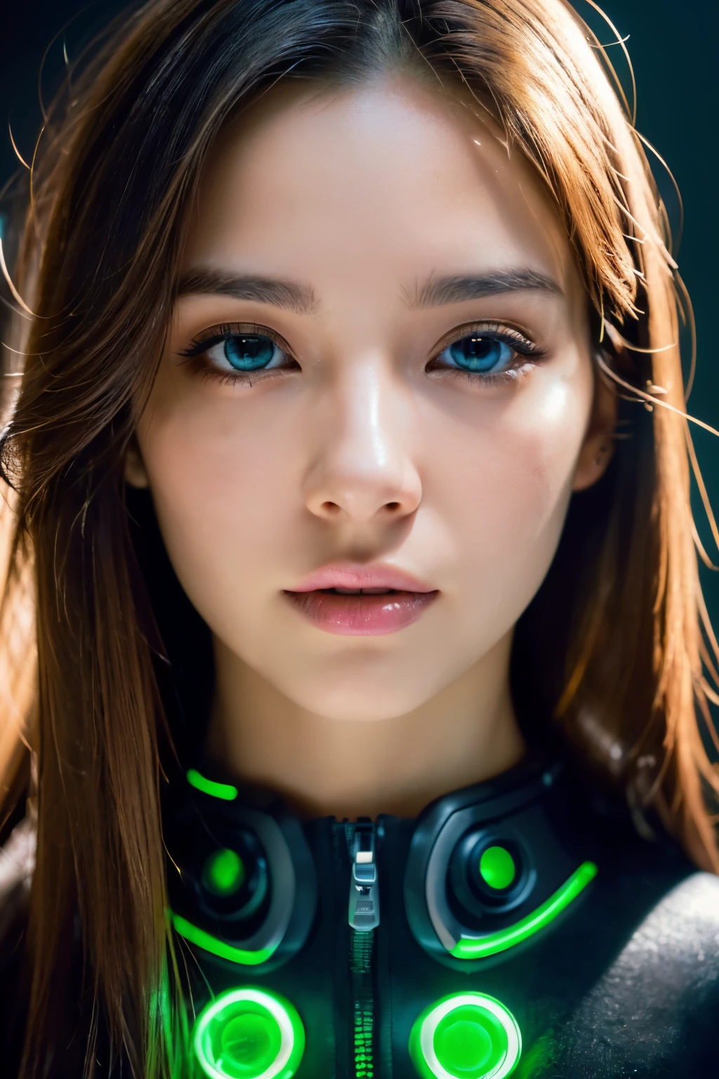 (Best Quality, Masterpiece, Ultra High Definition, High resolution, highly detailed, High Definition Face, straight on portrait, clear pictures, HDR:1.5), (28-year-old woman:1.3), (eyes be visually in focus:1.4), (straight, eye-level photograph), (background neon sign, neon color fashion, gantz suit, cyberpunk beauty:1.5), (Glossy, shiny skin), highly detailed facial and skin texture, (beautiful eyes, light in the eyes, detailed eyes), clean face, white skin, very Fair skin