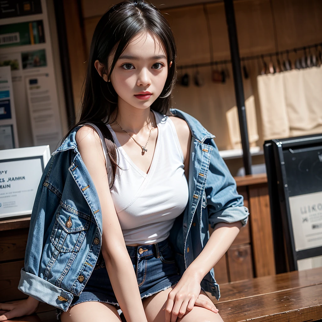 1 Girl, Solitary, an indonesian girl, Wearing a white short vest, Open denim jacket, Mini denim skirt, that small market, asymmetric posture, Beauty photography, Natural Lighting, Detail and complexity