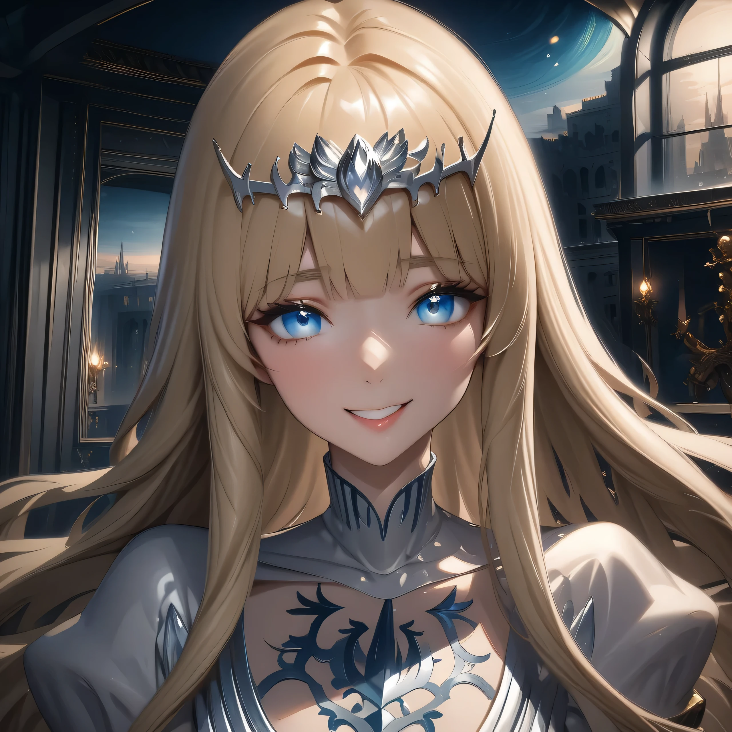 hyper-detailed render style, glow, yellow, blue, surreal oil painting, shiny eyes, closeup, exaggerated perspective, Tyndall effect, a holographic white, beautiful background, 1girl, solo, Calca, Calca Bessarez, blonde hair, extremely long hair, very long hair, white tiara, silver tiara, white dress, blue eyes, medium chest, very short neck, extremely short neck, indoor, in luxurious bedroom, sitting on the bed, smile, happy, seductive