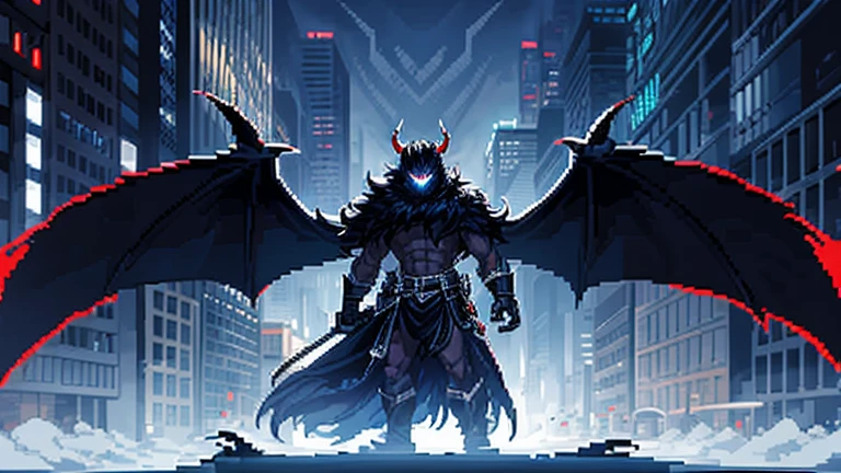 ((pixel art )) Draw a full-length character. Hero guy with demonic horns. The character himself is covered with shadow-black fur. There is a black magical haze coming from the body. claws on the fingers and glowing blue eyes, the city is burning in the background, draw a sketch