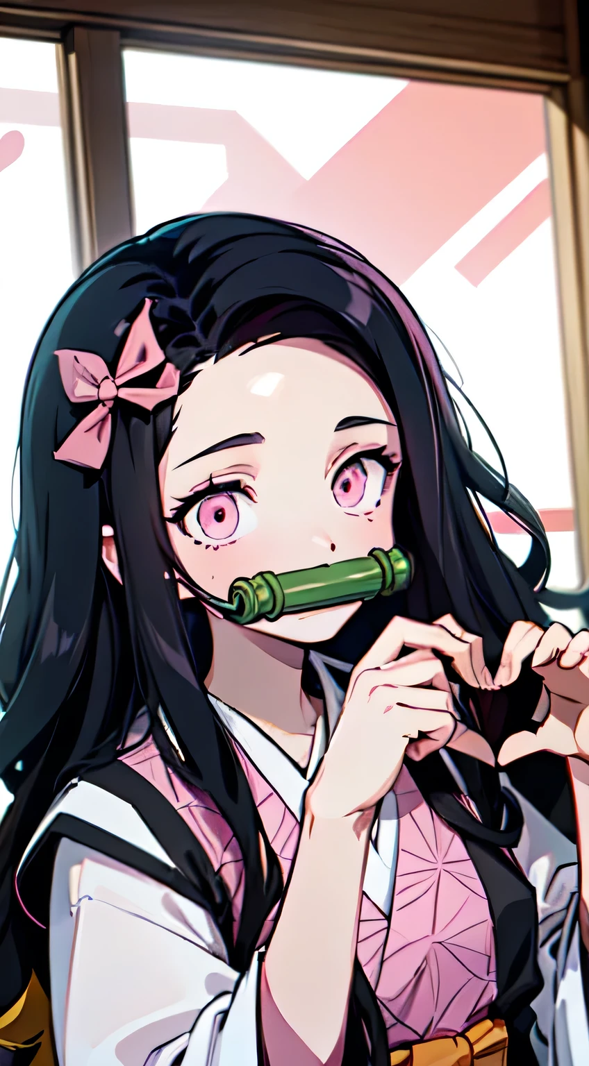 in Japanese room, nezuko kamado, bamboo, bit gag, black hair, forehead, gag, gagged, hair ribbon, long hair, multicolored hair, (pink eyes:1.5), orange hair, slit pupils, wavy hair, two-tone hair,nezuko kamado, bamboo, bit gag, black hair, forehead, gag, gagged, hair ribbon, long hair, multicolored hair, (pink eyes:1.5), orange hair, slit pupils, wavy hair, two-tone hair, heart hands, (manos del corazon, propias manos juntas:1)
