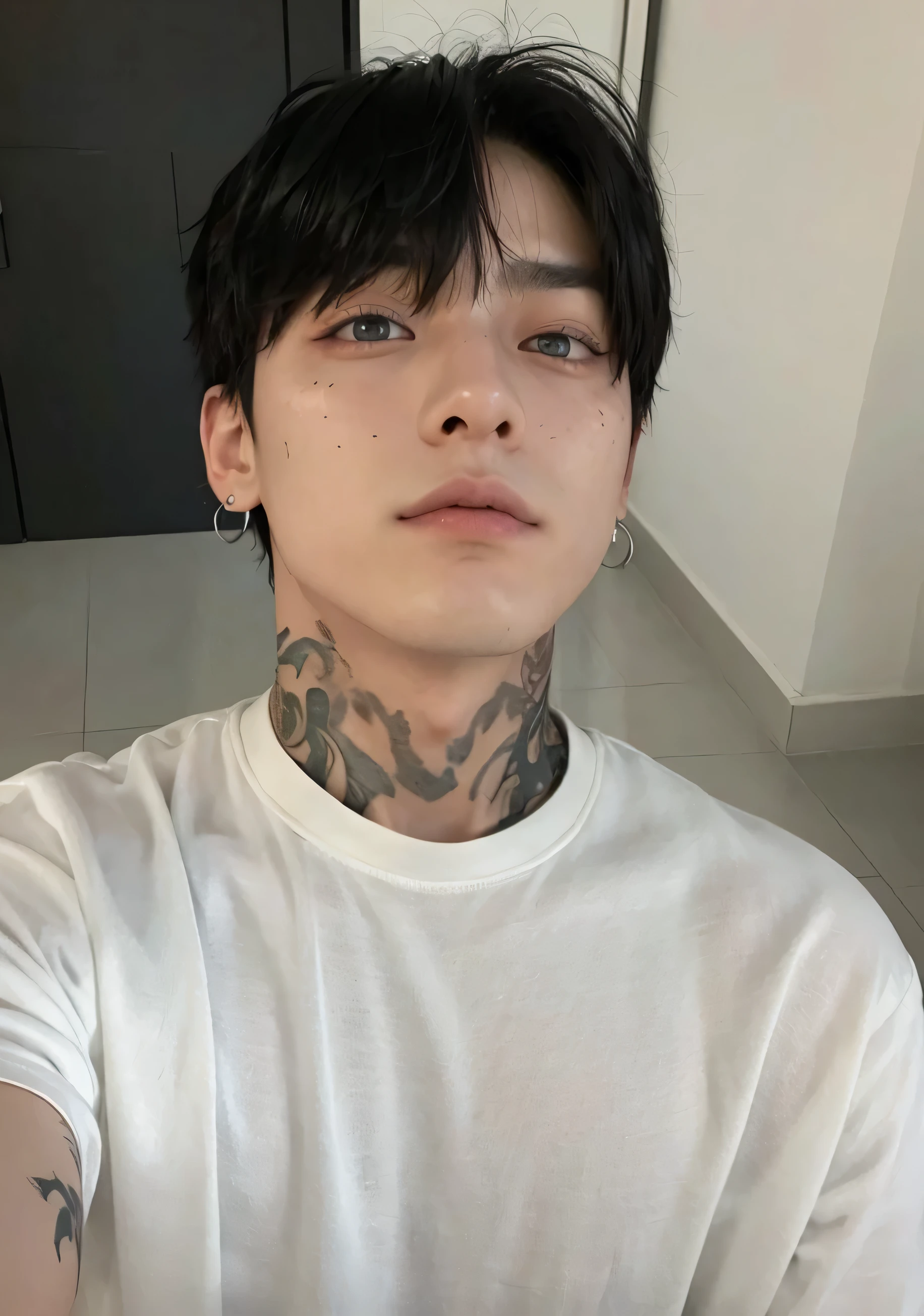 Asian man with a tattoo on his neck and neck., jungkook de bts, jeon jungkook con los ojos azules, a thin-faced man, jungkook, foto de perfil en la cabeza, con tatuaje facial, hombre surcoreano, jeon jungkook pale and piercings, pale man with freckles, ojos azules detallados y medianamente achinados, jungkook de bts, cara detallada