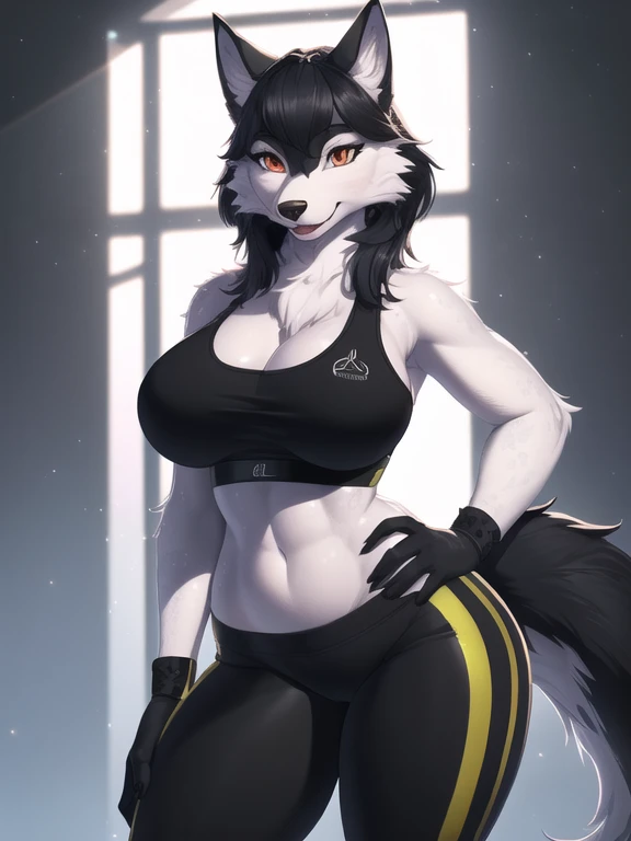 (best quality, highest quality, intricate, highres, 8k, anthropomorphic Sexy Pretty, furry, uploaded_on_e621:1.4), (furry:1.2), Female Wolf, White/Black fur, tail, colors elements on fur, ((medium breasts)), Wide hips, Narrow waist, clothed, destiny, (See-through Sports Bra and Spandex pants:1.2), standing, Hand on hips, Hips swaying, Sexy pose, very happy, beautiful Front view, pov, close-up, beautiful lights and shadows, ambient light, ultra-detailed fur, volumetric light, (extreme detailed eye's:1.4), she is saying hey there big boy