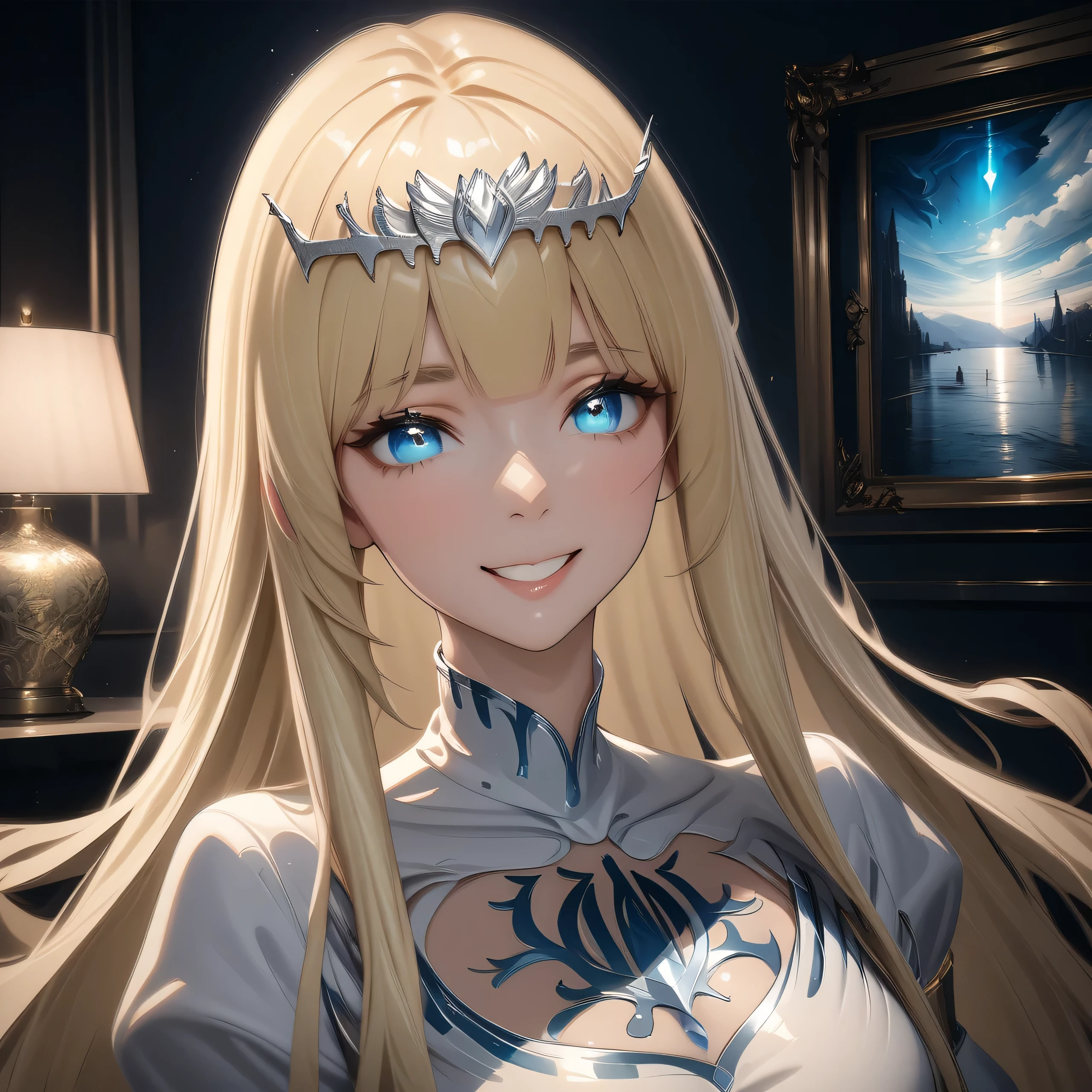 hyper-detailed render style, glow, yellow, blue, surreal oil painting, shiny eyes, closeup, exaggerated perspective, Tyndall effect, a holographic white, beautiful background, 1girl, solo, Calca, Calca Bessarez, blonde hair, extremely long hair, very long hair, white tiara, silver tiara, white dress, blue eyes, medium chest, very short neck, extremely short neck, indoor, in luxurious bedroom, sitting on the bed, smile, happy, seductive 