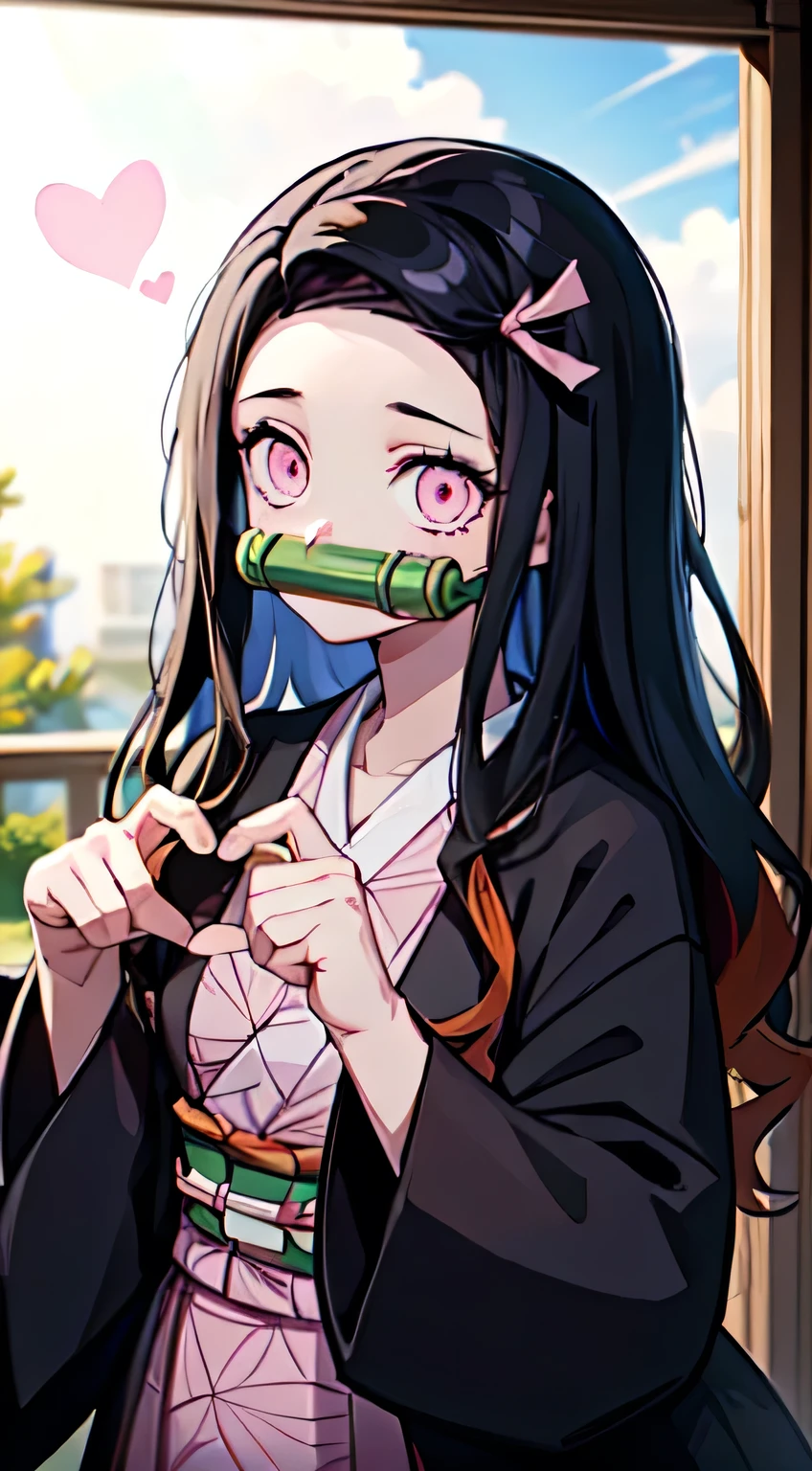 in Japanese room, nezuko kamado, bamboo, bit gag, black hair, forehead, gag, gagged, hair ribbon, long hair, multicolored hair, (pink eyes:1.5), orange hair, slit pupils, wavy hair, two-tone hair,nezuko kamado, bamboo, bit gag, black hair, forehead, gag, gagged, hair ribbon, long hair, multicolored hair, (pink eyes:1.5), orange hair, slit pupils, wavy hair, two-tone hair, heart hands, (manos del corazon, propias manos juntas:1)
