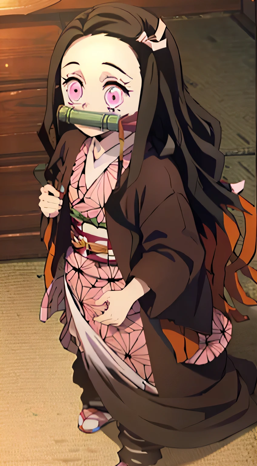 in Japanese room, nezuko kamado, bamboo, bit gag, black hair, forehead, gag, gagged, hair ribbon, long hair, multicolored hair, (pink eyes:1.5), orange hair, slit pupils, wavy hair, two-tone hair,nezuko kamado, bamboo, bit gag, black hair, forehead, gag, gagged, hair ribbon, long hair, multicolored hair, (pink eyes:1.5), orange hair, slit pupils, wavy hair, two-tone hair,