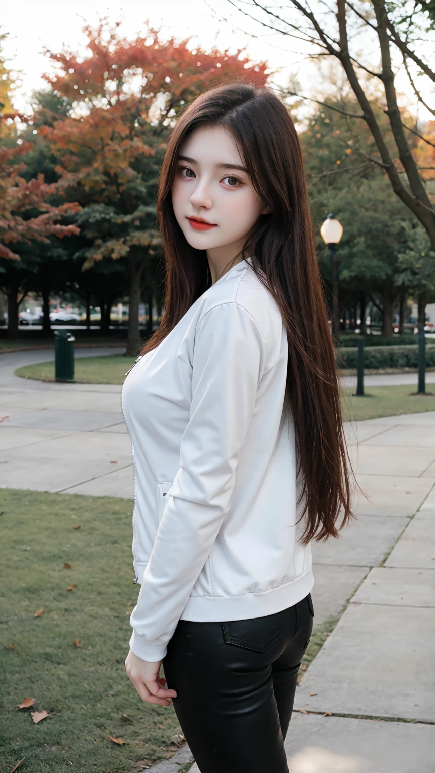 Gorgeus Girl, Beautiful, , 20 Years Old, White Skin, pale skin, large breast, Beside, Sexy Pose, long red t-shirt,, Bokeh, park Background, Masterpiece, asking for a hug, full body Shot, open arms, black Leather Jacket Long Sleeve Zipper