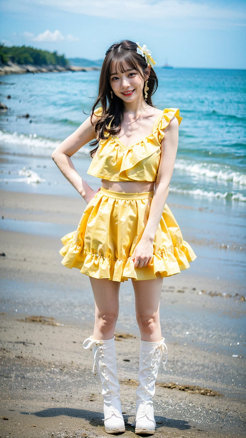 Cute 30 years old Japanese sexy face, so lovely round face. Pastel yellow gingham bikini with a sweetheart neckline top featuring ruffled edges and a tie-front bow. The matching high-waisted bottoms have ruffled leg openings. The cheerful print and playful ruffles provide a cute and flirty look. Matching pastel yellow gingham headband included.