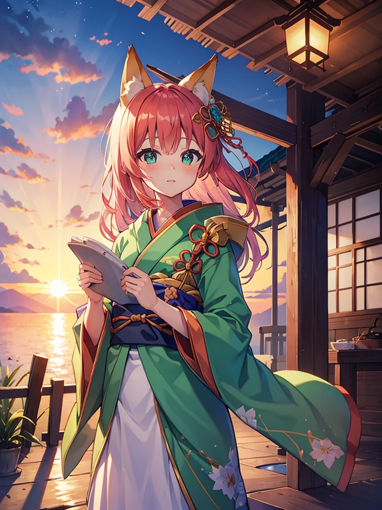 highest quality、masterpiece、Sunset sky、(One boy)、Fox ears、Fox Mask、Green kimono
