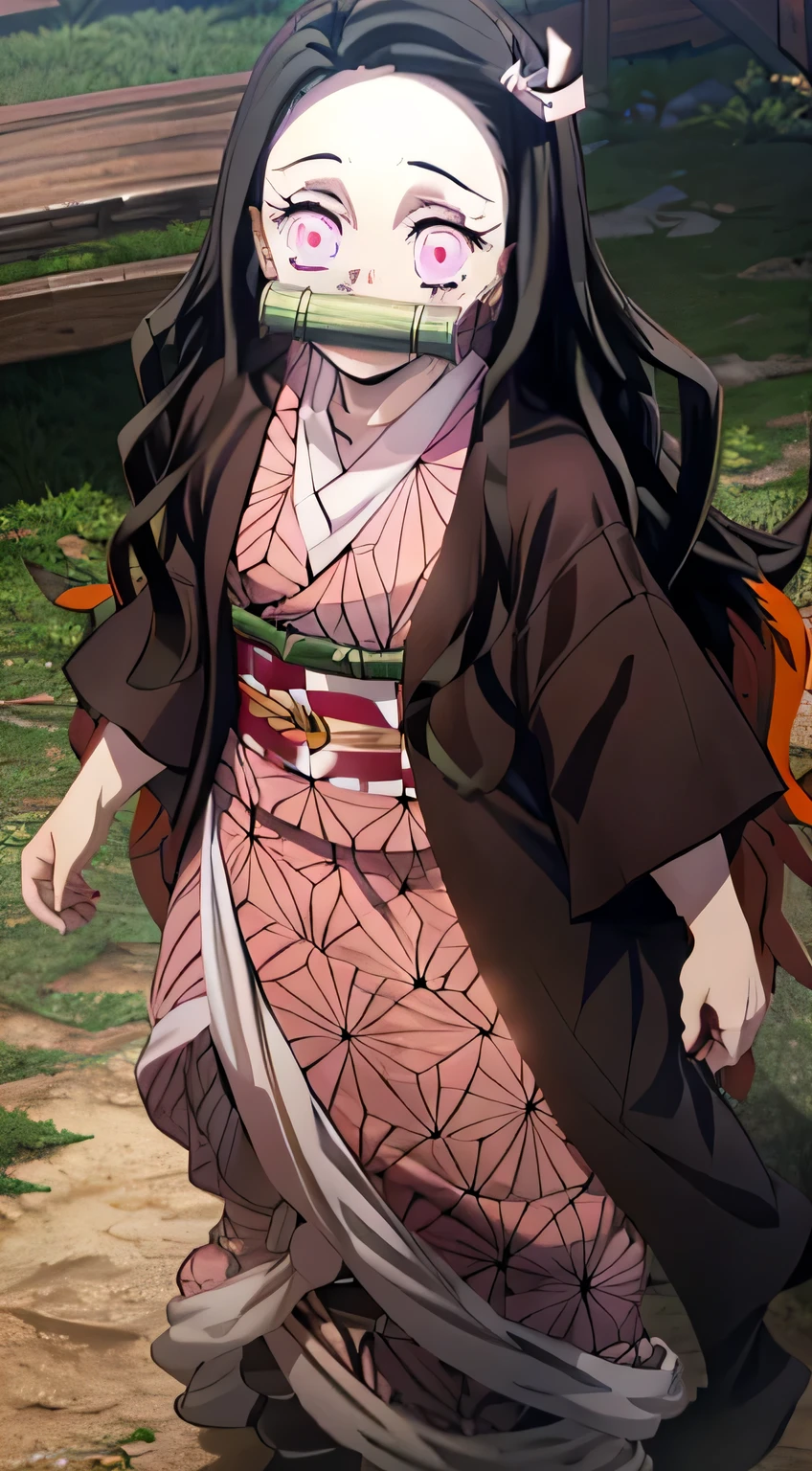 in Japanese room, nezuko kamado, bamboo, bit gag, black hair, forehead, gag, gagged, hair ribbon, long hair, multicolored hair, (pink eyes:1.5), orange hair, slit pupils, wavy hair, two-tone hair,nezuko kamado, bamboo, bit gag, black hair, forehead, gag, gagged, hair ribbon, long hair, multicolored hair, (pink eyes:1.5), orange hair, slit pupils, wavy hair, two-tone hair,