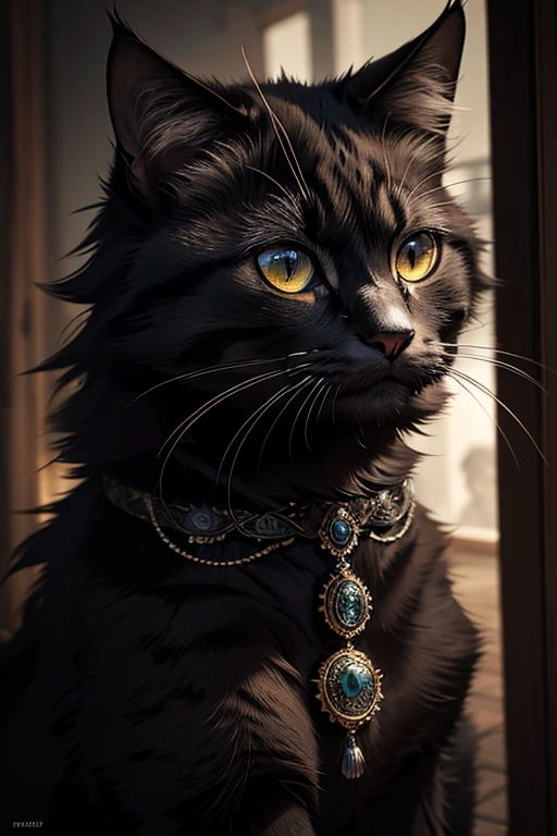 a blackened calico cat, feline, photorealistic, intricate details, high quality, 8k, extremely detailed, realistic fur texture, beautiful eyes, sharp focus, dramatic lighting, moody atmosphere, award-winning photograph, cinematic composition, stunning portrait
