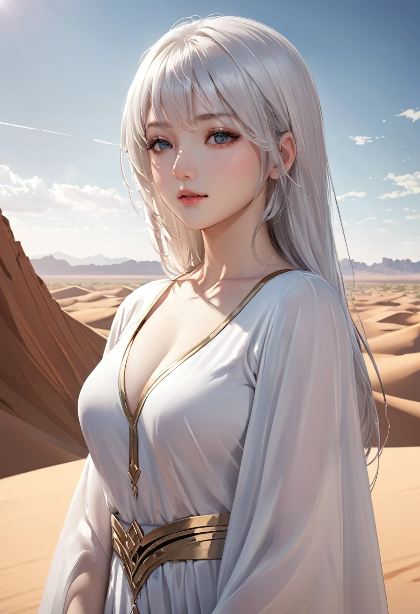 Beautifully drawn, high quality, Ultra-high definition CG illustration of a young woman with a calm expression, While staring into the distance、Her striking silvery white hair sways gently in the desert breeze.. The view behind her is vast and breathtaking., Immerse your audience in a world of wonder and exploration.