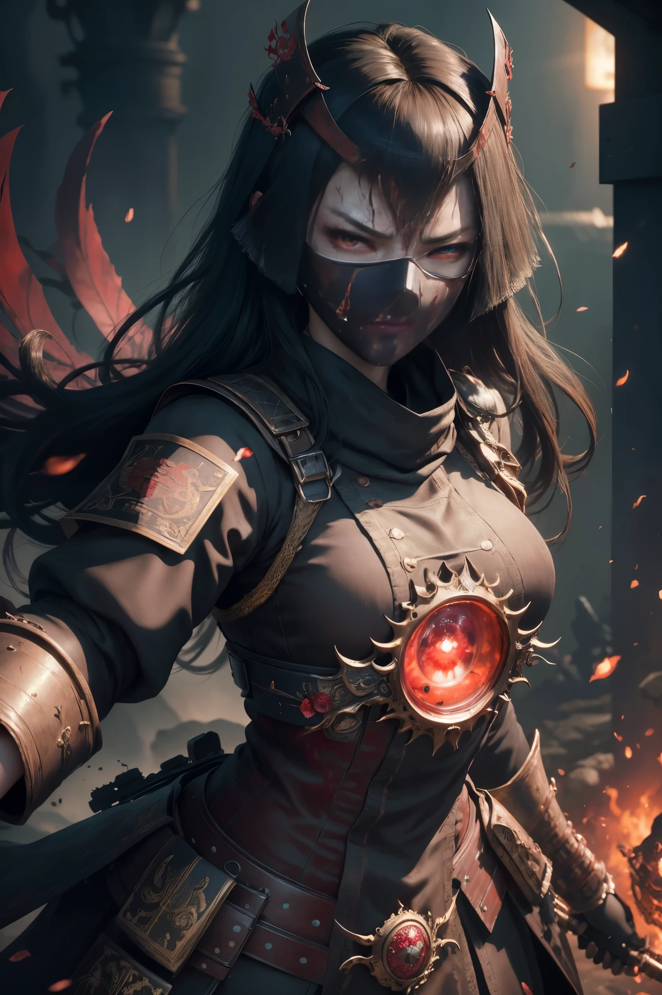 Photorealistic, ultra HD, graphics, best quality, realistic, CGI, 4k, masterpiece, best quality, high resolution, highly detailed, super detailed, 8k wallpaper, unified, amazing, fine details, wallpaper highly detailed 8k CG uniform screen, illustration, Asian woman, secret, iron mask, holding blood sword, (((eyes filled with murderous intent), masked,