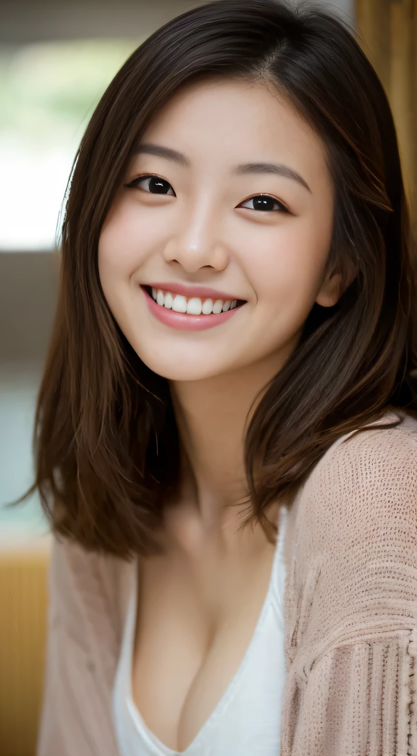 masterpiece,best quality,(Japanese ),((Beautiful girl)),cleavage,indoor,(perfect body beauty:1.2),(shy smile),beautiful teeth,