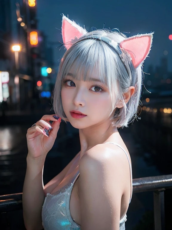 最high quality, masterpiece, 32k、Very detailed、Realistic、1 girl, Japanese women、Cute Face, (photo Actual:1.3),Bob Hair(red pink hair color、pink hairstyle)、edge lighting, (high detail skin:1.2), 8k超High resolution, Single-lens reflex camera, high quality, High resolution, 4K, 8k, Optimal ratio of 4 fingers to 1 thumb, (Actual:1.3) in、(((足元まin全身を撮影))), (((細部まinこだわったネイビーブルーの泥棒衣装とスカート、High Leg)))、 ((pantyhose)), (((Beautiful light blue skin)))、 (((Short hair with light blue and silvery white bangs and sides.)))、(Perfect body), (Perfect Face), (Perfect hands), (perfect fingers), (Perfect Legs), ((((Long red eyes))))、 (((Determined Pose))) 、cute 1 girl, Realistic、Super Realistic、32k、Very detailed、masterpiece, 最high quality, beautiful girl, beauty、Neon cat ears headband、Small breasts, Mecha, beautiful lighting, (Neon Light:1.2), (night:1.5), Cyberpunk Costume、Future City、Skyscraper、都会のnight、Shanghai、Big cities、night景、綺麗なnight景
