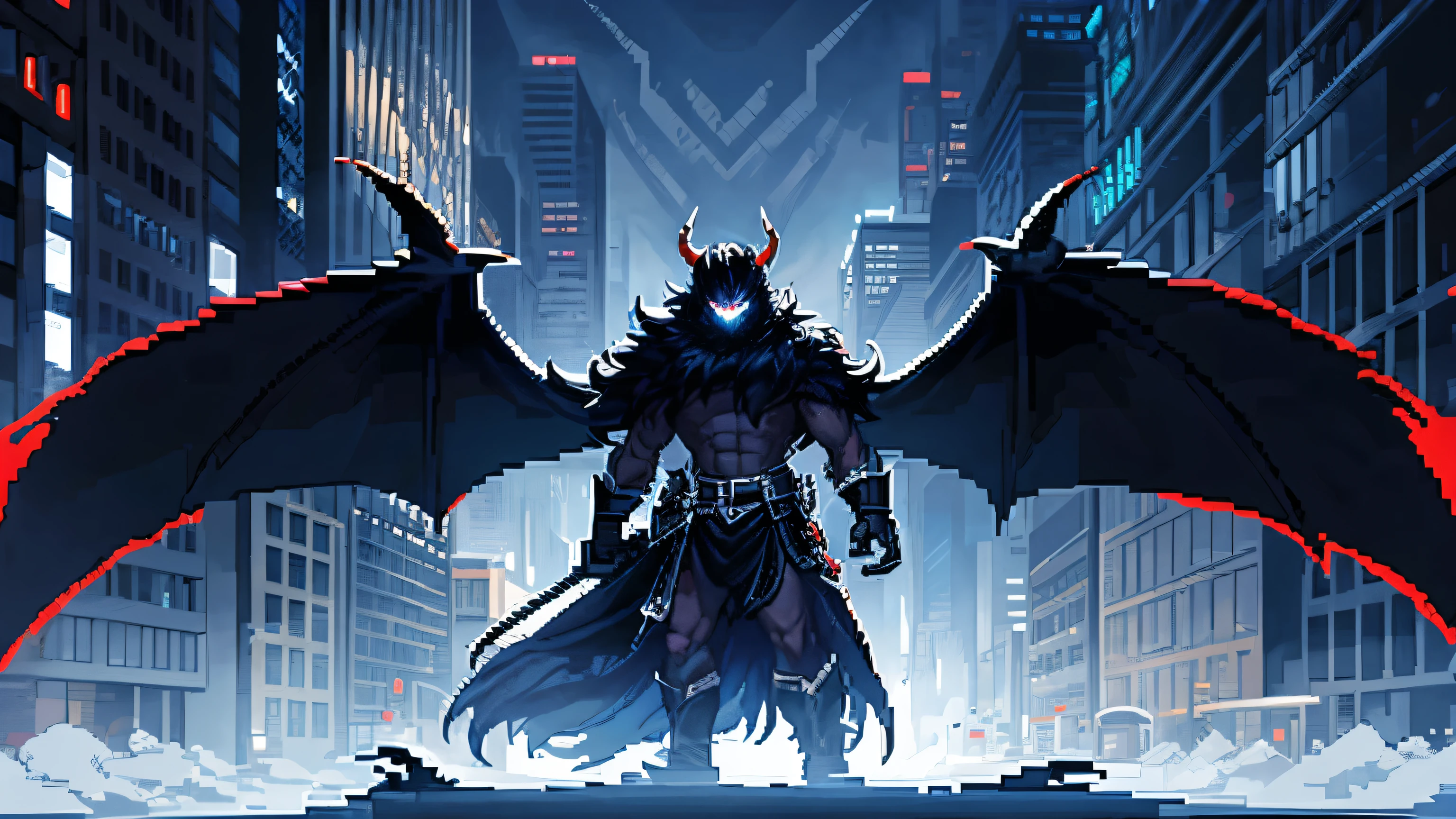 ((pixel art )) Draw a full-length character. Hero guy with demonic horns. The character himself is covered with shadow-black fur. There is a black magical haze coming from the body. claws on the fingers and glowing blue eyes, the city is burning in the background, draw a sketch