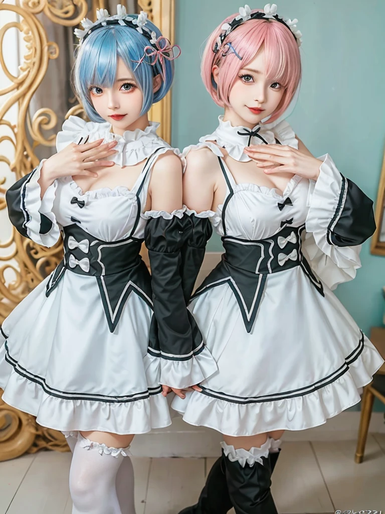 Accurate depiction with high resolution,(8K, Photorealistic, Raw photo, of the highest quality: 1.3), (1girl in), Super beautiful, (Realistic face), (boyish, pink Color Berry Shorthair), Beautiful , Glare that captivates the viewer, Beautiful expression, Beautiful breasts, (Realistic skin), Be...Create a detailed and colorful image of Ram and Rem from Re:Zero, standing back-to-back in their maid outfits, with a magical fantasy background、14years old, two girls,cute, perfect face, beautiful, nice body, gothic lolita clothes, gothic lolita fashion, frilly skirt, headdress, necklace, bracelet, knee-high socks, boots, double eyelids, tear bags, Detailed down to the fingers, photo-like description, indoors, dim indoor lighting, one girl is pink hair and short bob, another girl is light blue hair and short bob,standing,whole body, composition that shows the whole body, smiling,The Both of them are wearing the same type of maid outfit,Optimal ratio of 4 fingers and 1 thumb,walking