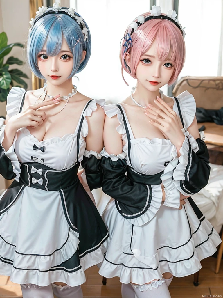 Accurate depiction with high resolution,(8K, Photorealistic, Raw photo, of the highest quality: 1.3), (1girl in), Super beautiful, (Realistic face), (boyish, pink Color Berry Shorthair), Beautiful , Glare that captivates the viewer, Beautiful expression, Beautiful breasts, (Realistic skin), Be...Create a detailed and colorful image of Ram and Rem from Re:Zero, standing back-to-back in their maid outfits, with a magical fantasy background、14years old, two girls,cute, perfect face, beautiful, nice body, gothic ta clothes, gothic loliashion, frilly skirt, headdress, necklace, bracelet, knee-high socks, boots, double eyelids, tear bags, Detailed down to the fingers, photo-like description, indoors, dim indoor lighting, one girl is pink hair and short bob, another girl is light blue hair and short bob,standing,whole body, composition that shows the whole body, smiling,The Both of them are wearing the same type of maid outfit,Optimal ratio of 4 fingers and 1 thumb,walking