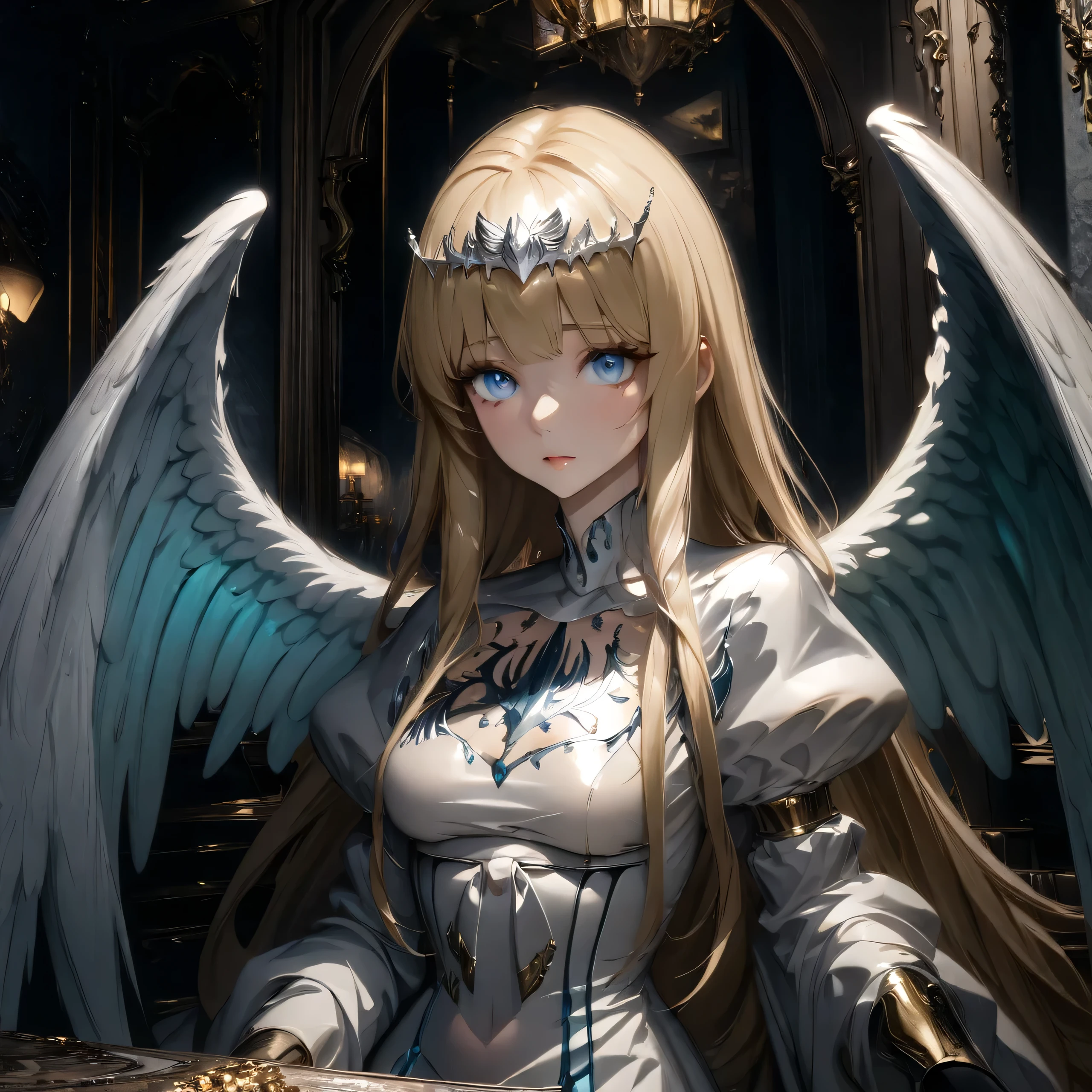((best quality)),(Ultra-high resolution),(Super detailed),(Detailed description),((Best CG))(Fantasy art with precise details:1.5), Black Hair,European classical long dress,(1 Female Angel:1.6),Angel Wings,side,Injuried,Blood,,Serious expression
