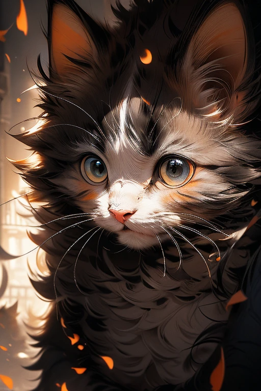 a blackened calico cat, feline, photorealistic, intricate details, high quality, 8k, extremely detailed, realistic fur texture, beautiful eyes, sharp focus, dramatic lighting, moody atmosphere, award-winning photograph, cinematic composition, stunning portrait, a orange details