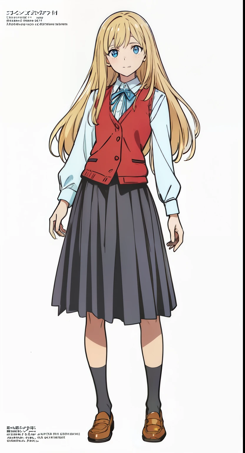 (best quality:1.0), (masterpiece:1.0), (super fine illustration:1.0), (beautiful artwork:1.0), (anime screencap:1.0), (official art:1.0), (european:1.0), (cheerful:1.0), (tareme:1.5), (looking at viewer:1.0), (white background:1.0), (best quality:1.0), (masterpiece:1.0), (super fine illustration:1.0), (beautiful artwork:1.0), (anime screencap:1.0), (official art:1.0), (solo:1.0), (european:1.0), (a 18yo cute girl:1.0), (long skirt:1.0), (black skirt:1.0), (pleated skirt:1.0), (red knit vest:1.0), (white long sleeve collared shirt:1.0), (blue neck ribbon:1.0), (loafers:1.0), (black socks:1.0), (ideal ratio body proportions:1.0), (lanky:1.0), (tall:1.0), (slender:1.0), (small breasts:1.0), (smaller face:1.0), (tareme:1.0), (freckles:1.0), (detailed beautiful eyes:1.0), (detailed beautiful face:1.0), (glowing blue eyes:1.0), (long hair:1.0), (swept bangs:1.0), (blonde hair:1.0), (standing:1.0), (looking at viewer:1.0)