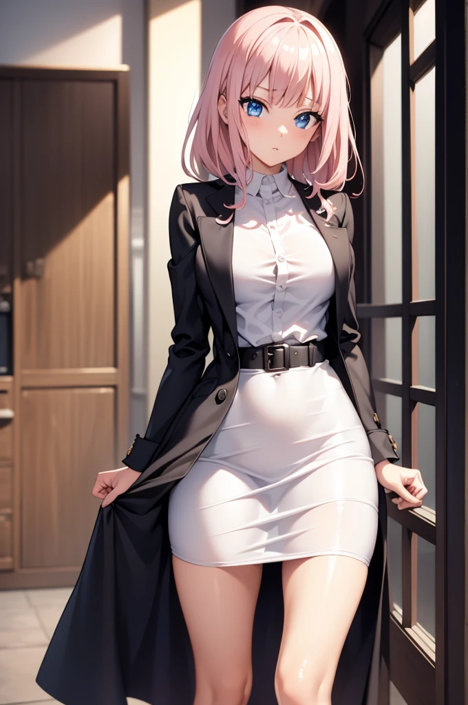 2d, masterpiece, best quality, anime, highly detailed, cowboy shot, 1girl, solo, fujiwara chika, blue eyes, pink hair, hair bow, BREAK wearing: Certainly! Here’s a more detailed description of an elegant outfit: A fitted black dress made of sleek satin, paired with a classic beige trench coat featuring a belted waist and button details, and black patent leather stilettos. high quality, 8k, best picture, detailed, high resolution, best pictrure, photo realistic, beautiful image, best image
