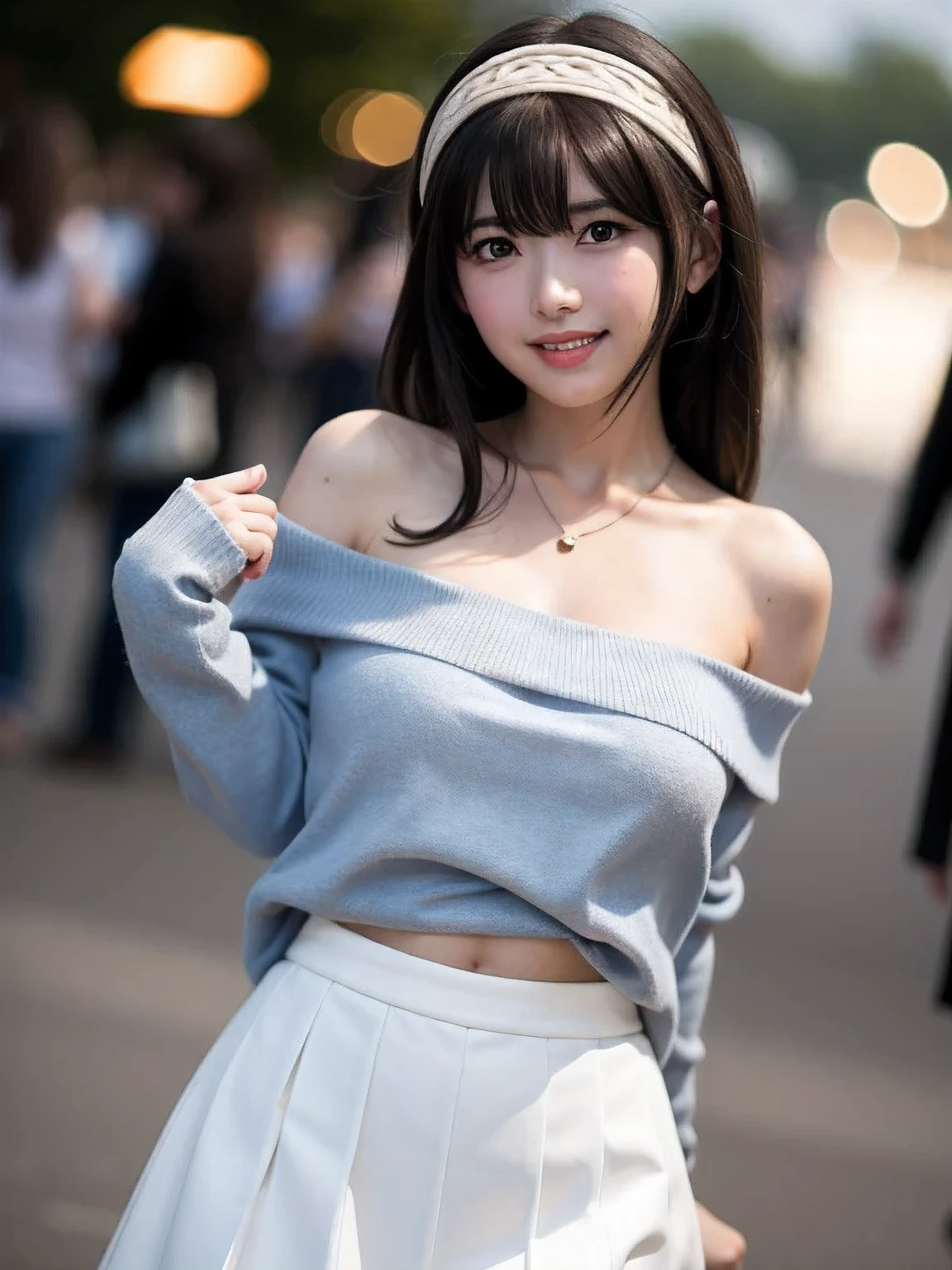 1girl, japanese, (smile:1.2), ((Looking at Viewer)), (8k, RAW photo, best quality, masterpiece:1.2), (realistic, photo-realistic:1.4), (extremely detailed 8k wallpaper), sharp focus, depth of field, blur background, bokeh, cinematic lighting, soft light, break,
20 years old, break,
close up, (Swayback stance:1.5), warking, break,
bbfumika, idolmaster, long hair, hairband, collarbone, necklace, cleavage, Sheer summer sweater, off-shoulder summer sweater, white summer sweater, short blue skirt, break,
outside, clear sky, outdoors, city,