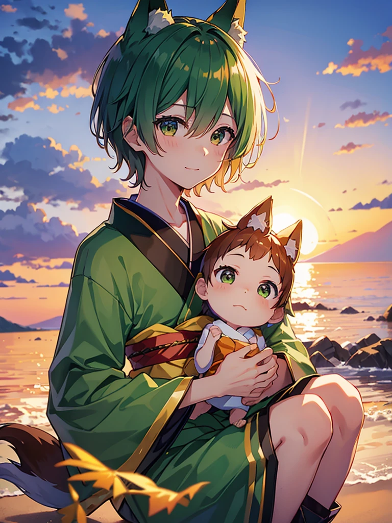 highest quality、masterpiece、Sunset sky、（One boy）、Fox ears、Fox Mask、Green kimono、Smiling、One boy
