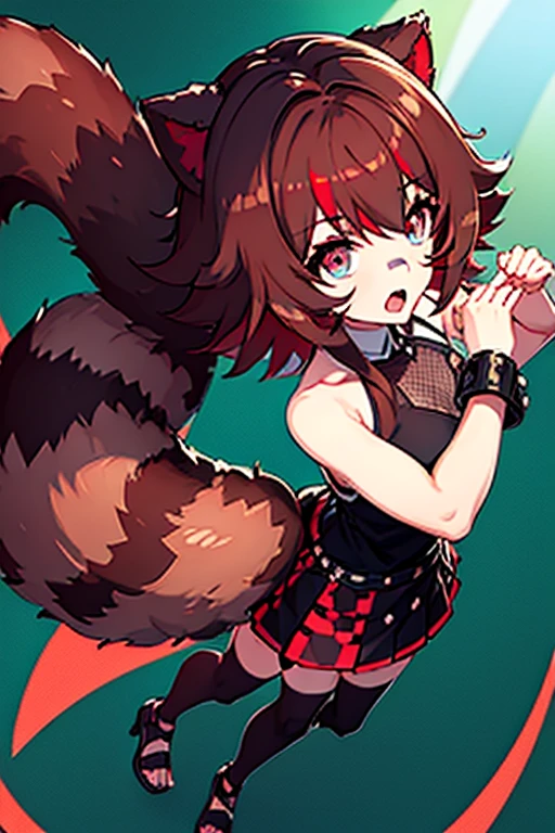 Masterpiece, intrincate, anime style, full body, 1girl, rakkun, racoon girl, racoon ears, 1tail, fluffy tail, racoon tail, brown and light brown ringed tail, tail in line with the back, red inner ears, red inner ear hair, red and blue eyes blurred, short hair, brown hair, a strand of hair on the left side, red hair strips, red tuft on the right side of forehead, short black shirt with an uncovered raccoon insignia on the shoulders and with a black mesh with black borders up to the collar, black and red checkered sleeves at the elbows without joining with the short polo shirt, short red and dark red checkered skirt, black belt around the waist along with two loose silver chains on the right side of the skirt, open mouth , looking at viewer,