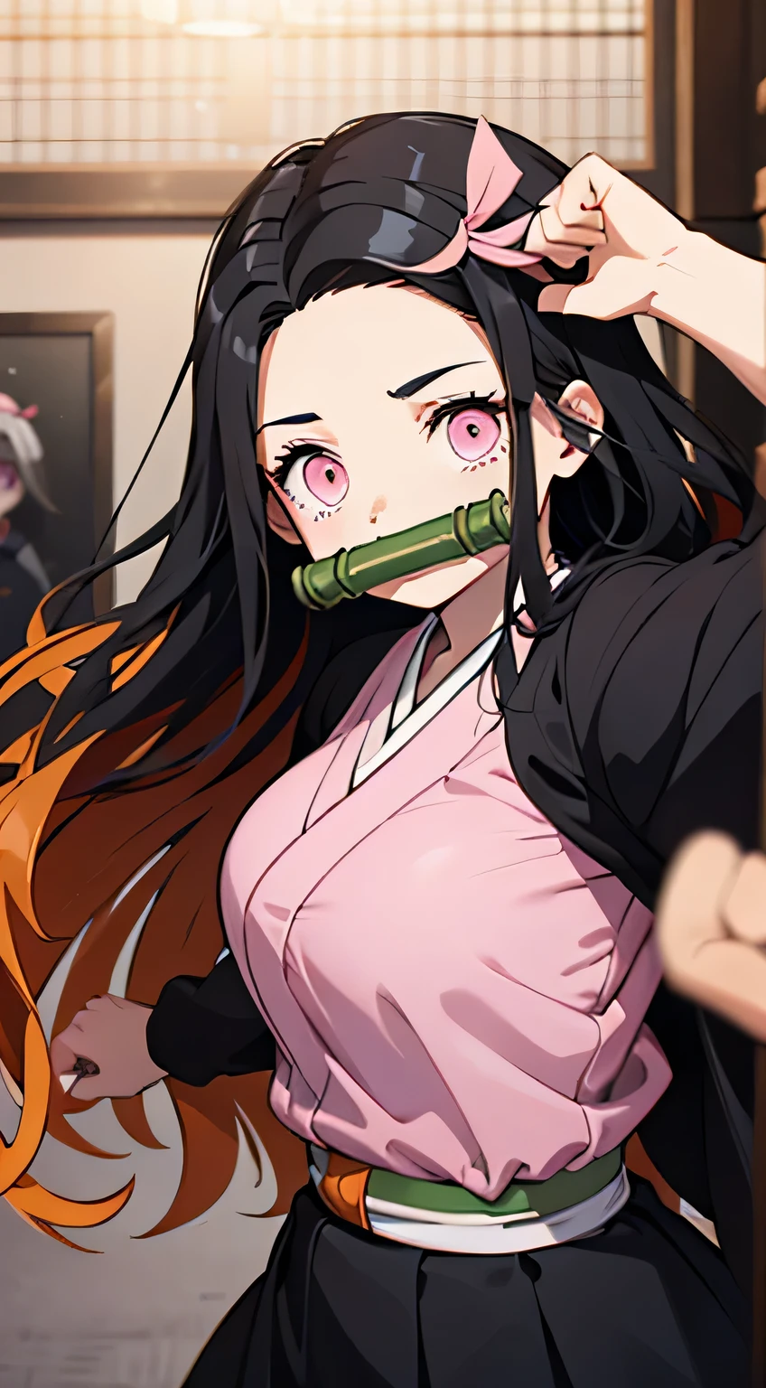 in Japanese room, nezuko kamado, bamboo, bit gag, black hair, forehead, gag, gagged, hair ribbon, long hair, multicolored hair, (pink eyes:1.5), orange hair, slit pupils, wavy hair, two-tone hair,nezuko kamado, bamboo, bit gag, black hair, forehead, gag, gagged, hair ribbon, long hair, multicolored hair, (pink eyes:1.5), orange hair, slit pupils, wavy hair, two-tone hair, ncrsPunchMeme, incoming punch,