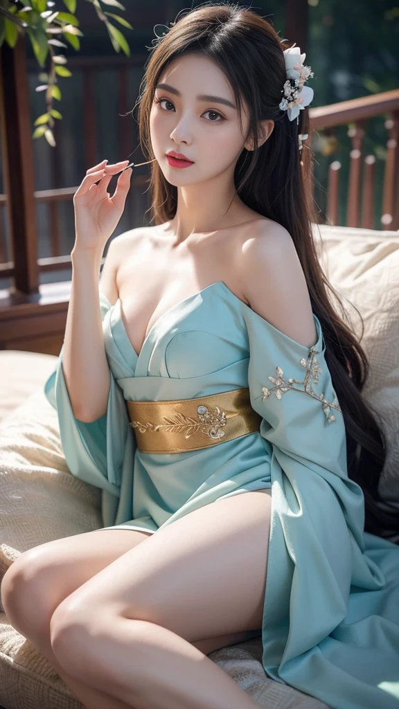 elaborate Hanfu ((gufeng, Bare shoulders)),(masterpiece, best quality:1.2), 1 Girl, Solitary, Deep in Wonderland,The moonlight falls like water,foggy room,The figure of the heroine is vaguely visible,Just like the fairy in the painting,Slender sexy legs,Very beautiful legs,Exposes a sexy,Large Breasts,美丽而又带着一丝mystery的色彩。Her face is beautiful and delicate,Like finely carved jade,Showing otherworldly beauty。The eyebrows are so beautiful,The waves in my eyes are like twinkling stars,Show the light of perseverance and wisdom。The bridge of the nose is straight,Cherry lip color,The slightly upturned corners of the mouth reveal confidence and calmness。Her face is chiseled,Skin like jade,Reveal healthy glow,like a fairy, She never eats fireworks in this world。Her makeup is light and delicate,No excessive embellishment,But enough to show her temperament and charm。Light-colored foundation brings out the transparency of the skin,A light eyebrow pencil outlines her perfect eyebrow shape,Eye makeup is eye shadow and eyeliner,Make her eyes brighter、Energetic。嘴唇涂上grace的口红,Adds a bit of charm and sophistication。她的衣服grace别致,Clothes fluttering,It seems like it will be blown up by the wind at any time,Drifting away。既不失grace,Also showed off her extraordinary skills。Swaying with her movements。Her hair was tied back casually.,Secure with a jade hairpin,A few strands of hair flutter gently in the wind,Add a touch of softness。Her figure looms in the fairyland,宛如一道Large Breasts美丽的风景线,Attracted everyone's concern。She seems like a fairy in wonderland,Large Breasts美丽、grace、mystery、Full of power。