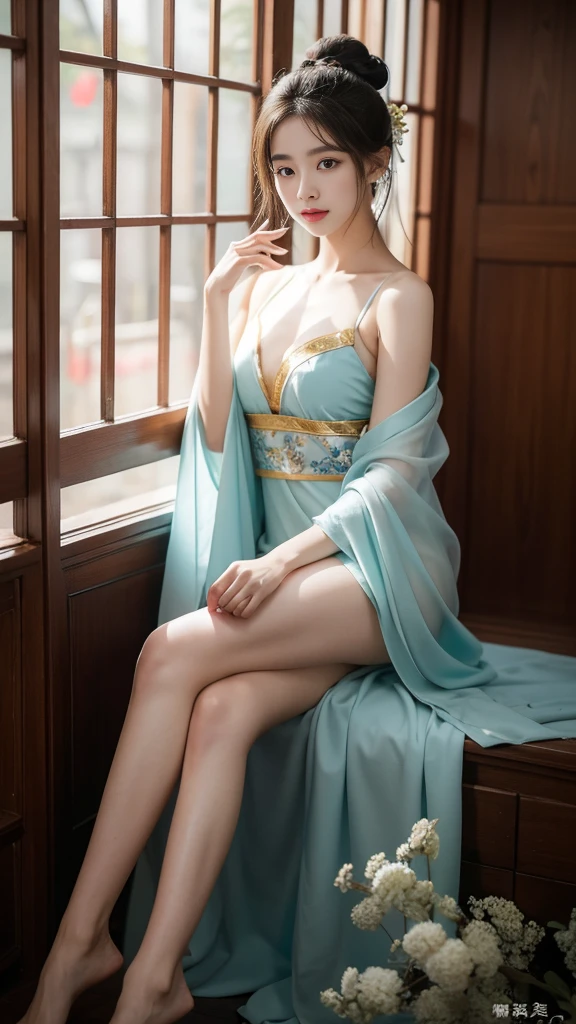 elaborate Hanfu ((gufeng, Bare shoulders)),(masterpiece, best quality:1.2), 1 Girl, Solitary, Deep in Wonderland，The moonlight falls like water，foggy room，The figure of the heroine is vaguely visible，Just like the fairy in the painting，Slender sexy legs，Very beautiful legs，Exposes a sexy，Large Breasts，美丽而又带着一丝mystery的色彩。Her face is beautiful and delicate，Like finely carved jade，Showing otherworldly beauty。The eyebrows are so beautiful，The waves in my eyes are like twinkling stars，Show the light of perseverance and wisdom。The bridge of the nose is straight，Cherry lip color，The slightly upturned corners of the mouth reveal confidence and calmness。Her face is chiseled，Skin like jade，Reveal healthy glow，like a fairy, She never eats fireworks in this world。Her makeup is light and delicate，No excessive embellishment，But enough to show her temperament and charm。Light-colored foundation brings out the transparency of the skin，A light eyebrow pencil outlines her perfect eyebrow shape，Eye makeup is eye shadow and eyeliner，Make her eyes brighter、Energetic。嘴唇涂上grace的口红，Adds a bit of charm and sophistication。她的衣服grace别致，Clothes fluttering，It seems like it will be blown up by the wind at any time，Drifting away。既不失grace，Also showed off her extraordinary skills。Swaying with her movements。Her hair was tied back casually.，Secure with a jade hairpin，A few strands of hair flutter gently in the wind，Add a touch of softness。Her figure looms in the fairyland，宛如一道Large Breasts美丽的风景线，Attracted everyone&#39;s concern。She seems like a fairy in wonderland，Large Breasts美丽、grace、mystery、Full of power。