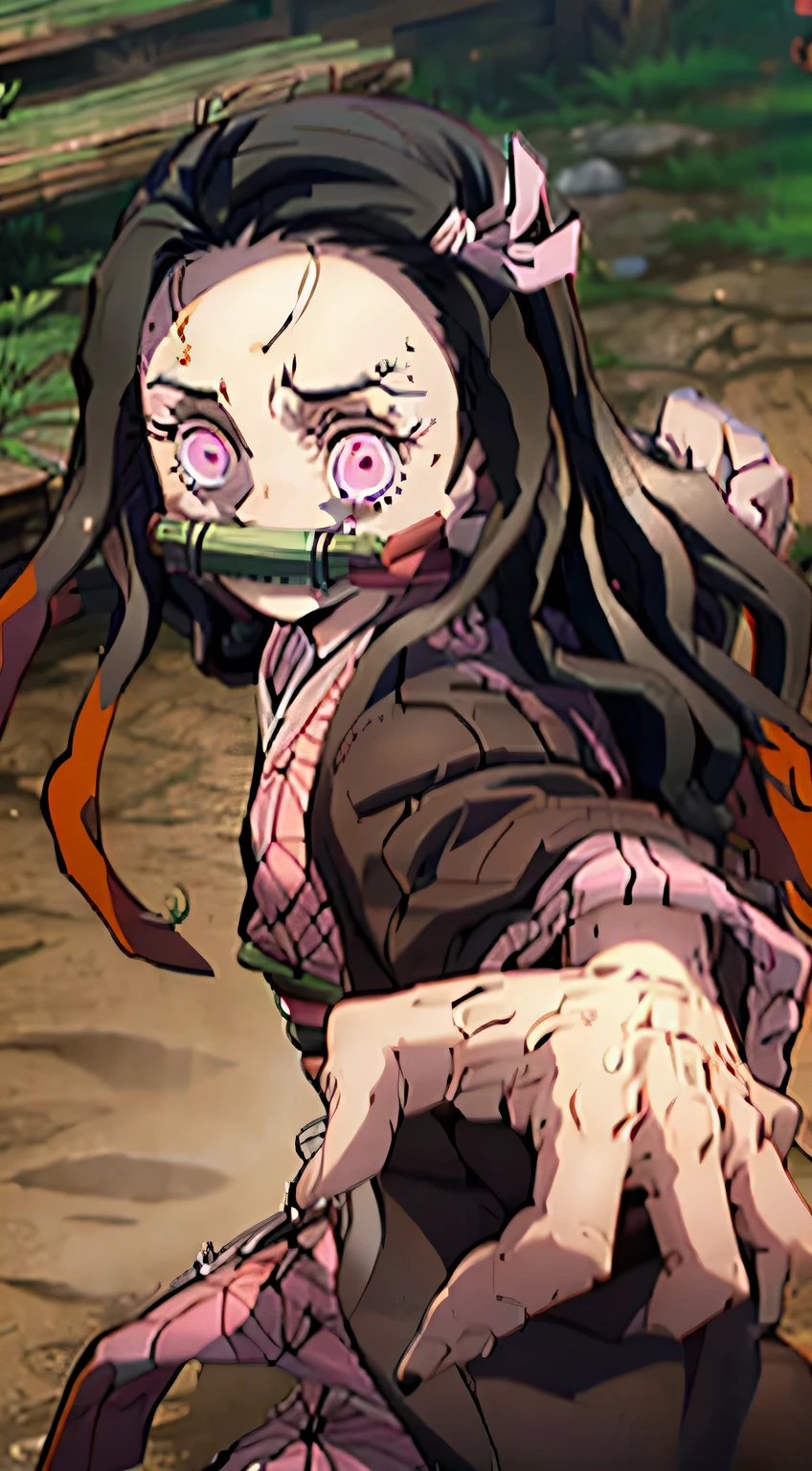 in Japanese room, nezuko kamado, bamboo, bit gag, black hair, forehead, gag, gagged, hair ribbon, long hair, multicolored hair, (pink eyes:1.5), orange hair, slit pupils, wavy hair, two-tone hair,nezuko kamado, bamboo, bit gag, black hair, forehead, gag, gagged, hair ribbon, long hair, multicolored hair, (pink eyes:1.5), orange hair, slit pupils, wavy hair, two-tone hair, ncrsPunchMeme, incoming punch,