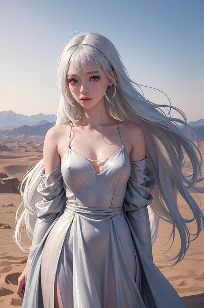 Beautifully drawn, high quality, Ultra-high definition CG illustration of a young woman with a calm expression, While staring into the distance、Her striking silvery white hair sways gently in the desert breeze.. The view behind her is vast and breathtaking., Immerse your audience in a world of wonder and exploration.