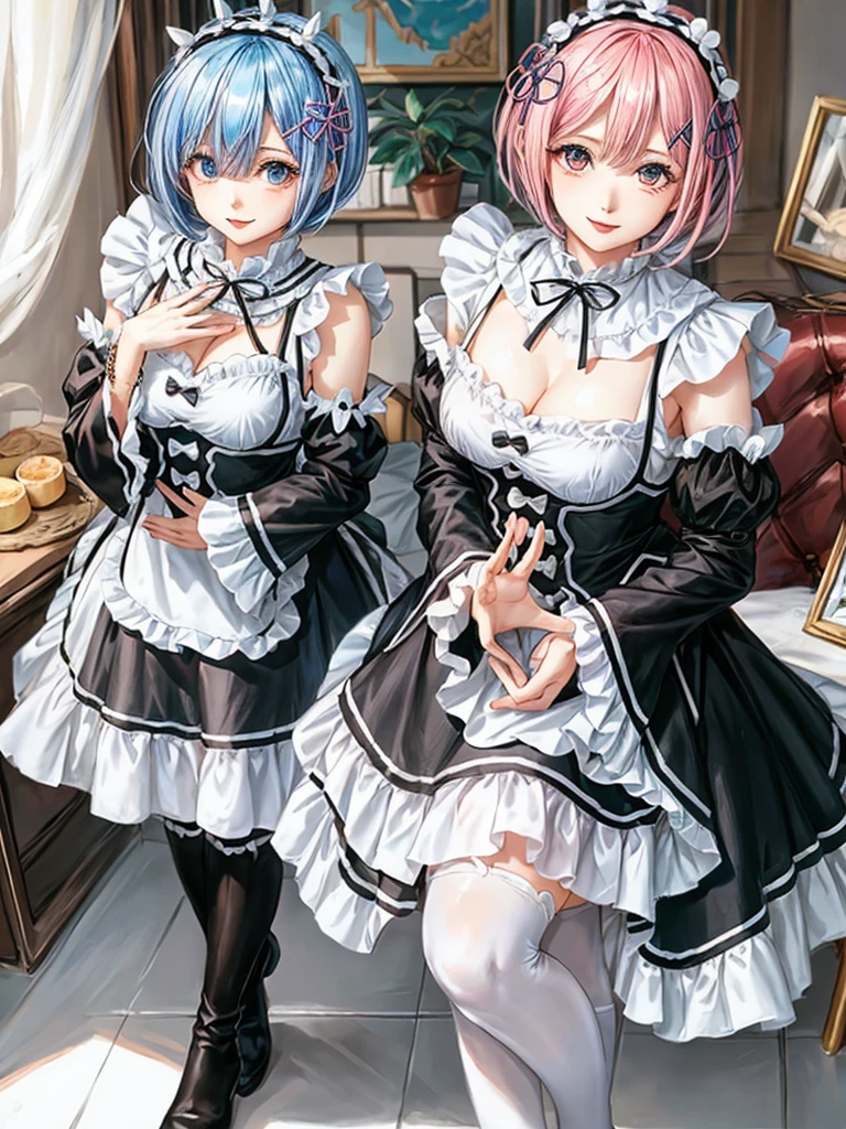 Accurate depiction with high resolution,(8K, Photorealistic, Raw photo, of the highest quality: 1.3), (1girl in), Super beautiful, (Realistic face), (boyish, pink Color Berry Shorthair), Beautiful , Glare that captivates the viewer, Beautiful expression, Beautiful breasts, (Realistic skin), Be...Create a detailed and colorful image of Ram and Rem from Re:Zero, standing back-to-back in their maid outfits, with a magical fantasy background、14years old, two girls,cute, perfect face, beautiful, nice body, gothic lolita clothes, gothic lolita fashion, frilly skirt, headdress, necklace, bracelet, knee-high socks, boots, double eyelids, tear bags, Detailed down to the fingers, photo-like description, indoors, dim indoor lighting, one girl is pink hair and short bob, another girl is light blue hair and short bob,standing,whole body, composition that shows the whole body, smiling,The Both of them are wearing the same type of maid outfit,Optimal ratio of 4 fingers and 1 thumb,walking