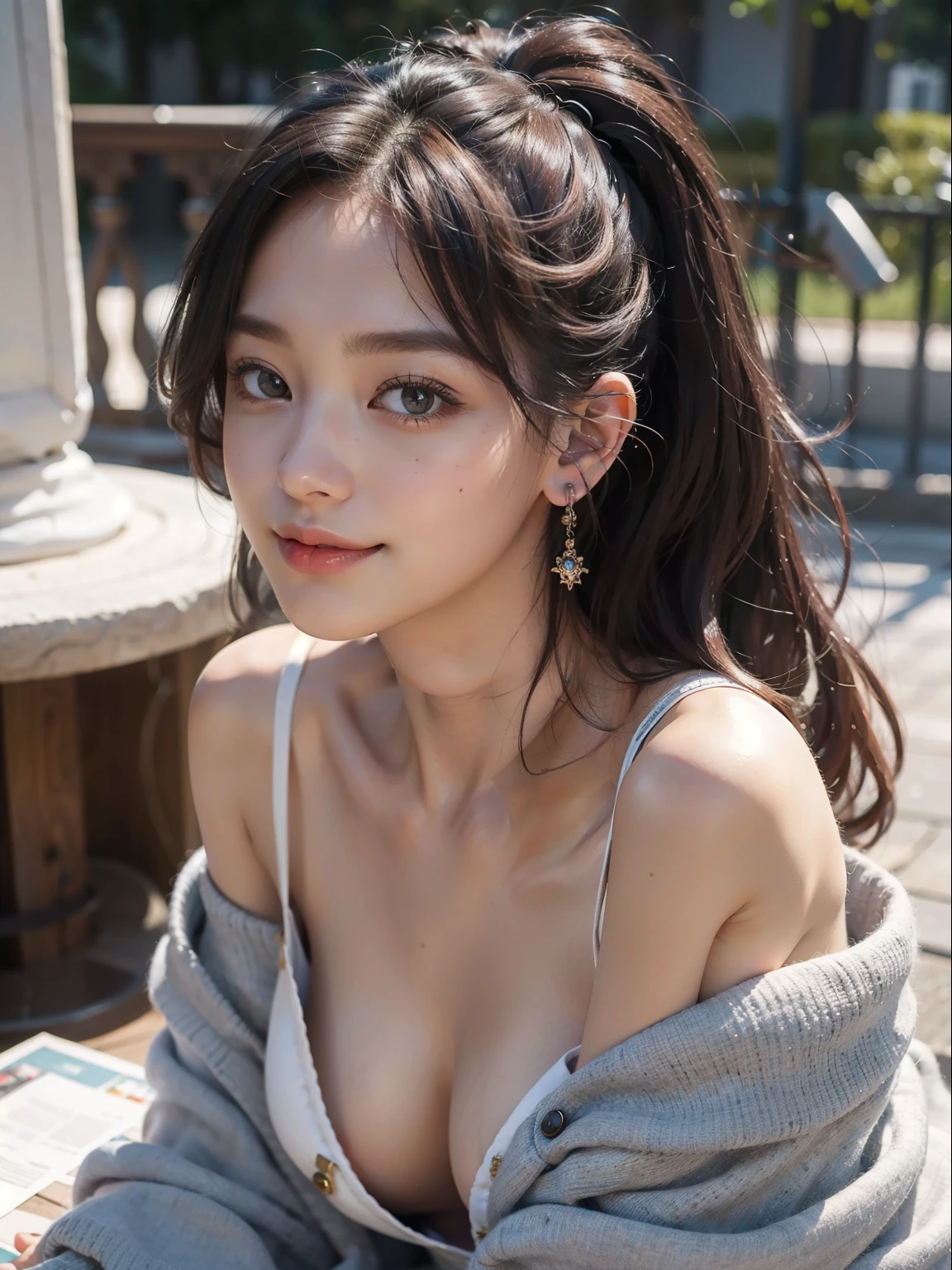 best quality, masterpiece, ultra high res, photorealistic, 1girl, offshoulder, smile