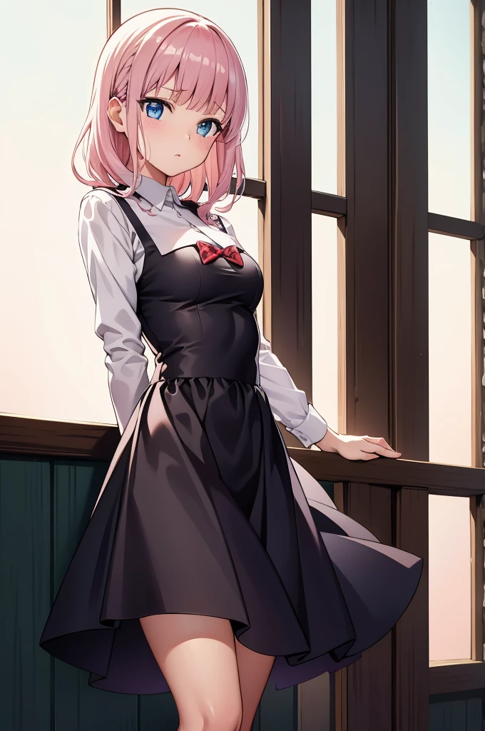 2d, masterpiece, best quality, anime, highly detailed, cowboy shot, 1girl, solo, fujiwara chika, blue eyes, pink hair, hair bow, BREAK wearing: A red polka dot blouse with puff sleeves and a peter pan collar, paired with a high-waisted A-line skirt in a solid navy blue made of a soft cotton blend, finished with white Mary Jane flats with a small heel. high quality, 8k, best picture, detailed, high resolution, best pictrure, photo realistic, beautiful image, best image