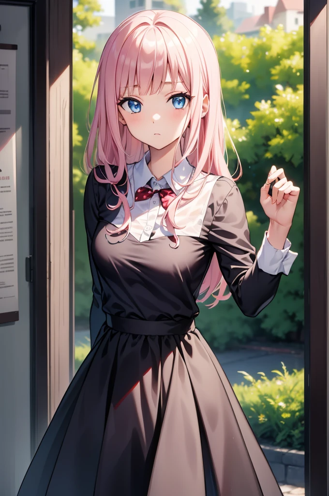 2d, masterpiece, best quality, anime, highly detailed, cowboy shot, 1girl, solo, fujiwara chika, blue eyes, pink hair, hair bow, BREAK wearing: A red polka dot blouse with puff sleeves and a peter pan collar, paired with a high-waisted A-line skirt in a solid navy blue made of a soft cotton blend, finished with white Mary Jane flats with a small heel. high quality, 8k, best picture, detailed, high resolution, best pictrure, photo realistic, beautiful image, best image
