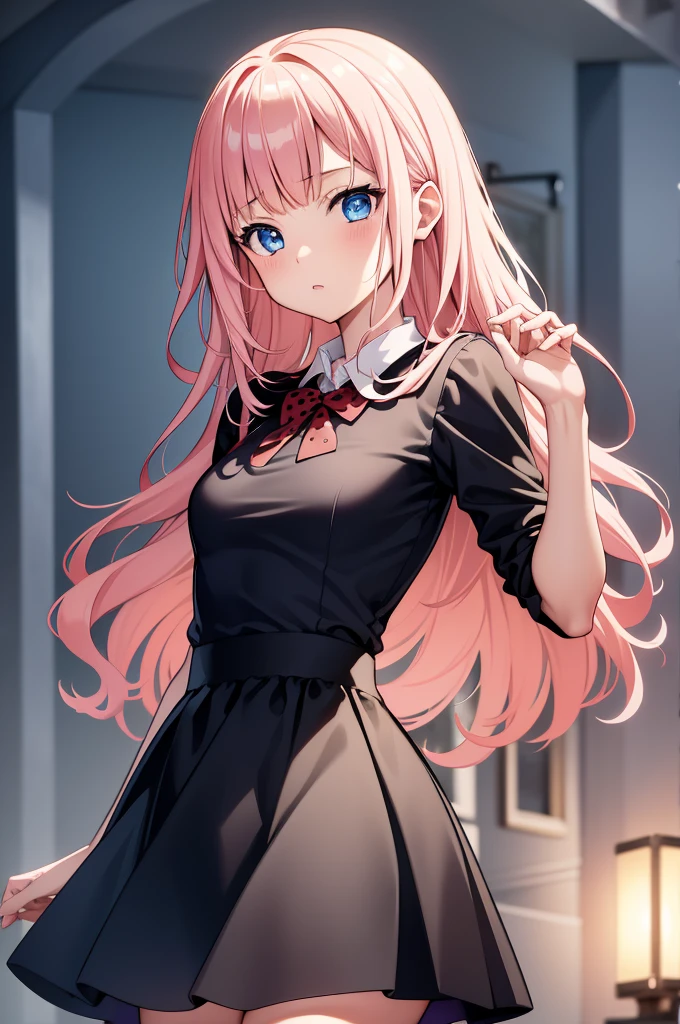 2d, masterpiece, best quality, anime, highly detailed, cowboy shot, 1girl, solo, fujiwara chika, blue eyes, pink hair, hair bow, BREAK wearing: A red polka dot blouse with puff sleeves and a peter pan collar, paired with a high-waisted A-line skirt in a solid navy blue made of a soft cotton blend, finished with white Mary Jane flats with a small heel. high quality, 8k, best picture, detailed, high resolution, best pictrure, photo realistic, beautiful image, best image
