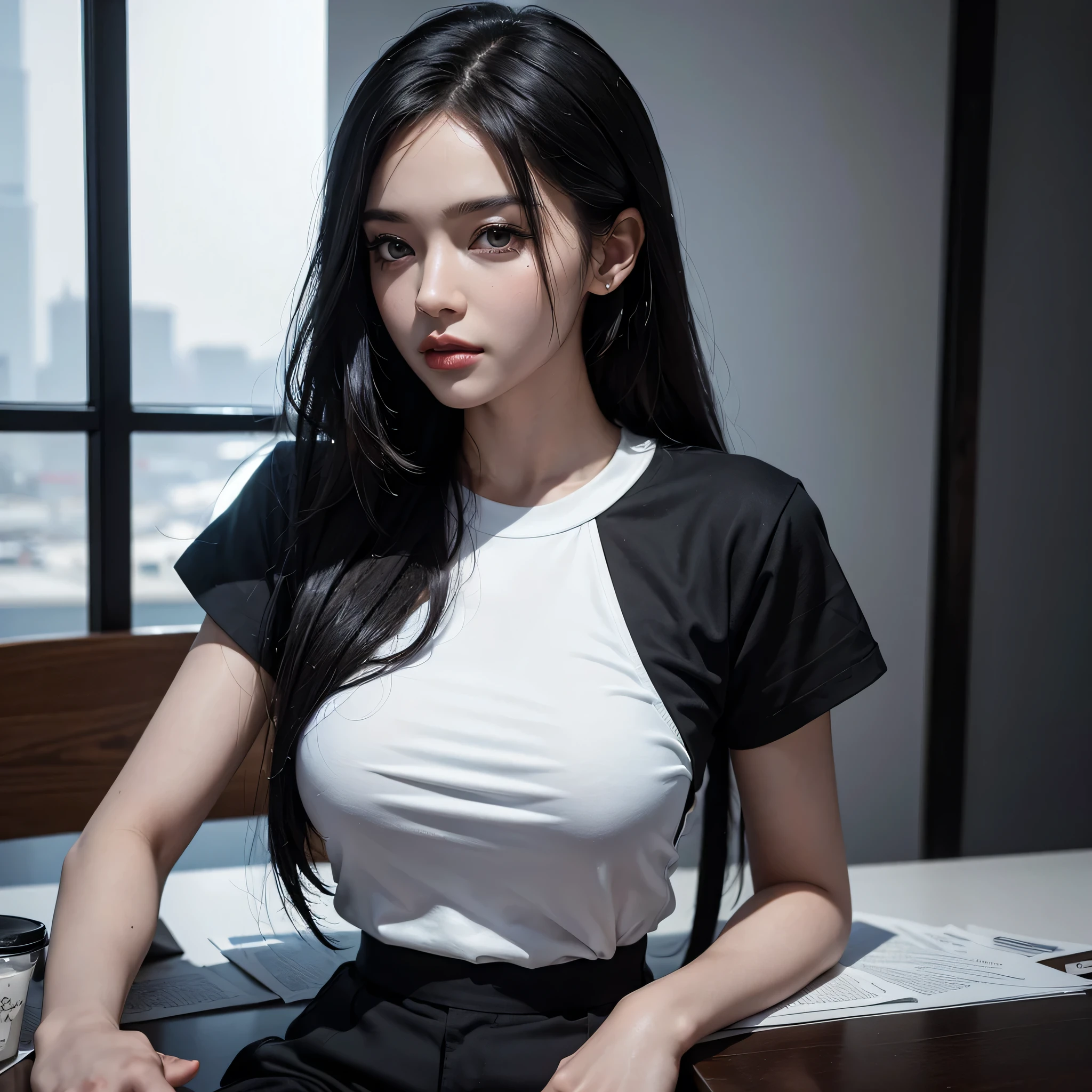 a woman with captivating face, beautiful black hair, wearing white shirt, black shorts, white sneakers, sitting at a table in a stylish modern restaurant, (best quality,4k,8k,highres,masterpiece:1.2),ultra-detailed,(realistic,photorealistic,photo-realistic:1.37),extremely detailed face and eyes, high fashion portrait, elegant, contemporary, fashionable, vibrant, natural lighting, cinematic, moody, dramatic