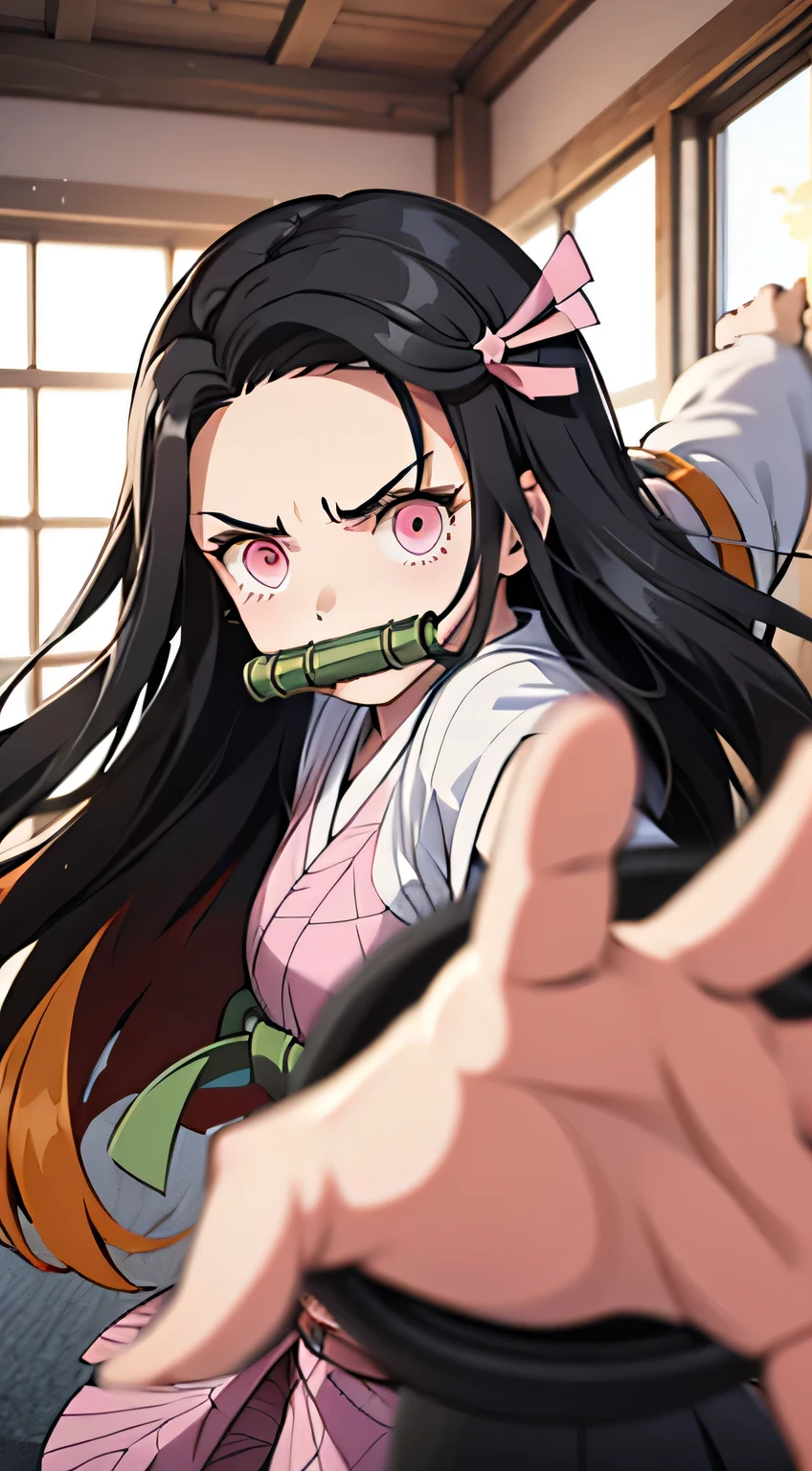 in Japanese room, nezuko kamado, bamboo, bit gag, black hair, forehead, gag, gagged, hair ribbon, long hair, multicolored hair, (pink eyes:1.5), orange hair, slit pupils, wavy hair, two-tone hair,nezuko kamado, bamboo, bit gag, black hair, forehead, gag, gagged, hair ribbon, long hair, multicolored hair, (pink eyes:1.5), orange hair, slit pupils, wavy hair, two-tone hair, ncrsPunchMeme, incoming punch, angry. mad, demon.