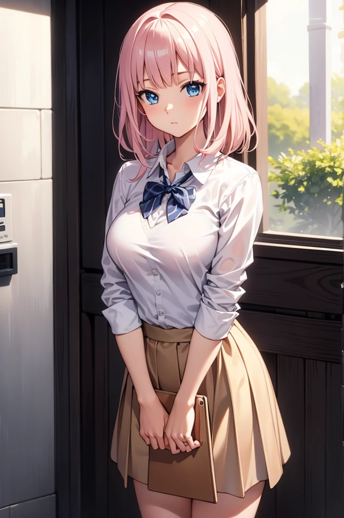 2d, masterpiece, best quality, anime, highly detailed, cowboy shot, 1girl, solo, fujiwara chika, blue eyes, pink hair, hair bow, BREAK wearing: A pastel pink collared shirt made of crisp cotton, worn under a navy blue V-neck sweater with a cable-knit pattern, paired with a pleated plaid skirt in shades of navy and green, and completed with classic black leather loafers. big breasts, high quality, 8k, best picture, detailed, high resolution, best pictrure, photo realistic, beautiful image, best image