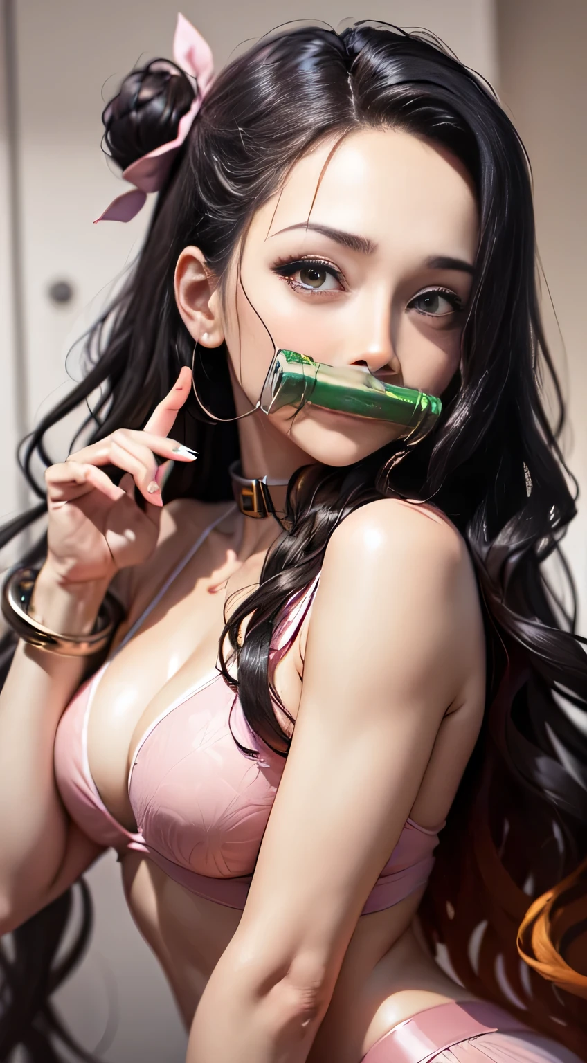 in Japanese room, nezuko kamado, bamboo, bit gag, black hair, forehead, gag, gagged, hair ribbon, long hair, multicolored hair, (pink eyes:1.5), orange hair, slit pupils, wavy hair, two-tone hair,nezuko kamado, bamboo, bit gag, black hair, forehead, gag, gagged, hair ribbon, long hair, multicolored hair, (pink eyes:1.5), orange hair, slit pupils, wavy hair, two-tone hair,