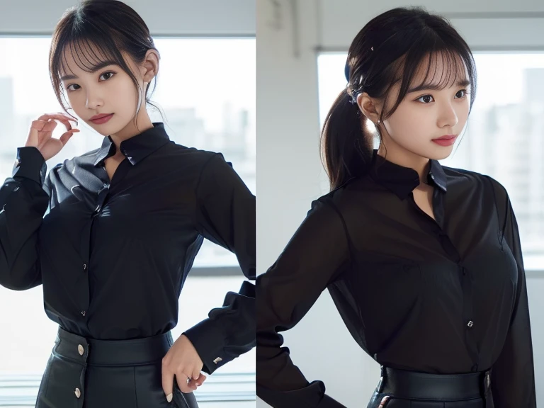 company employee、(Body turned to the side、Shooting from the side、Looking to the side,Shooting from the side:1.6),Not looking here、(General shirt、Wearing a white blouse、Wearing a typical business suit),(The fourth button on her blouse is slightly open.,Only the fourth button is open、White Button、All buttons except the fourth button are closed、A small amount of her chest is visible through the gap between the buttons.、The edge of the bra is visible through the gap between the buttons.:1.4),Mid-chest、slender、ponytail、Black Hair、Beauty、23 years old、cute、smile、(Long shirt:1.8),Tuck the shirt into the skirt